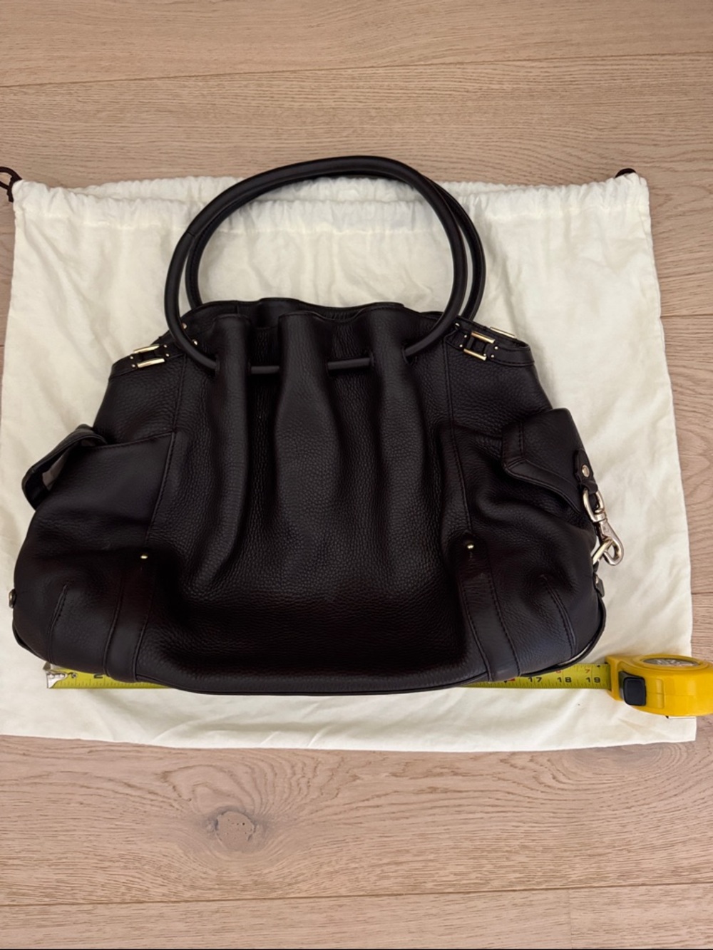 Cole Haan, Village Drawstring Brown Leather Shoulder Bag with Double Handles.
